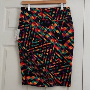 LuLaRoe Black and Orange Geometric Midi Skirt